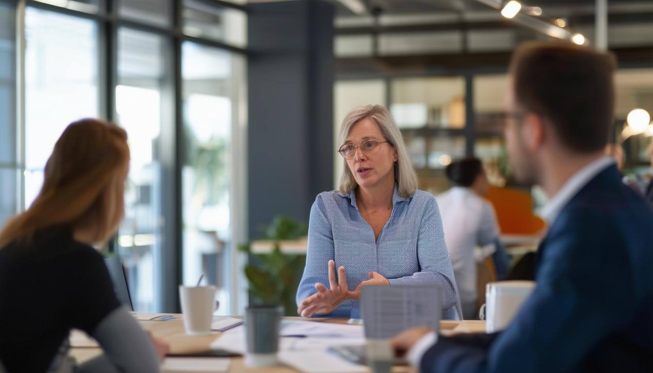 A professional workplace scene showing an HR leader actively listening to employees, with visual cues indicating active communication
